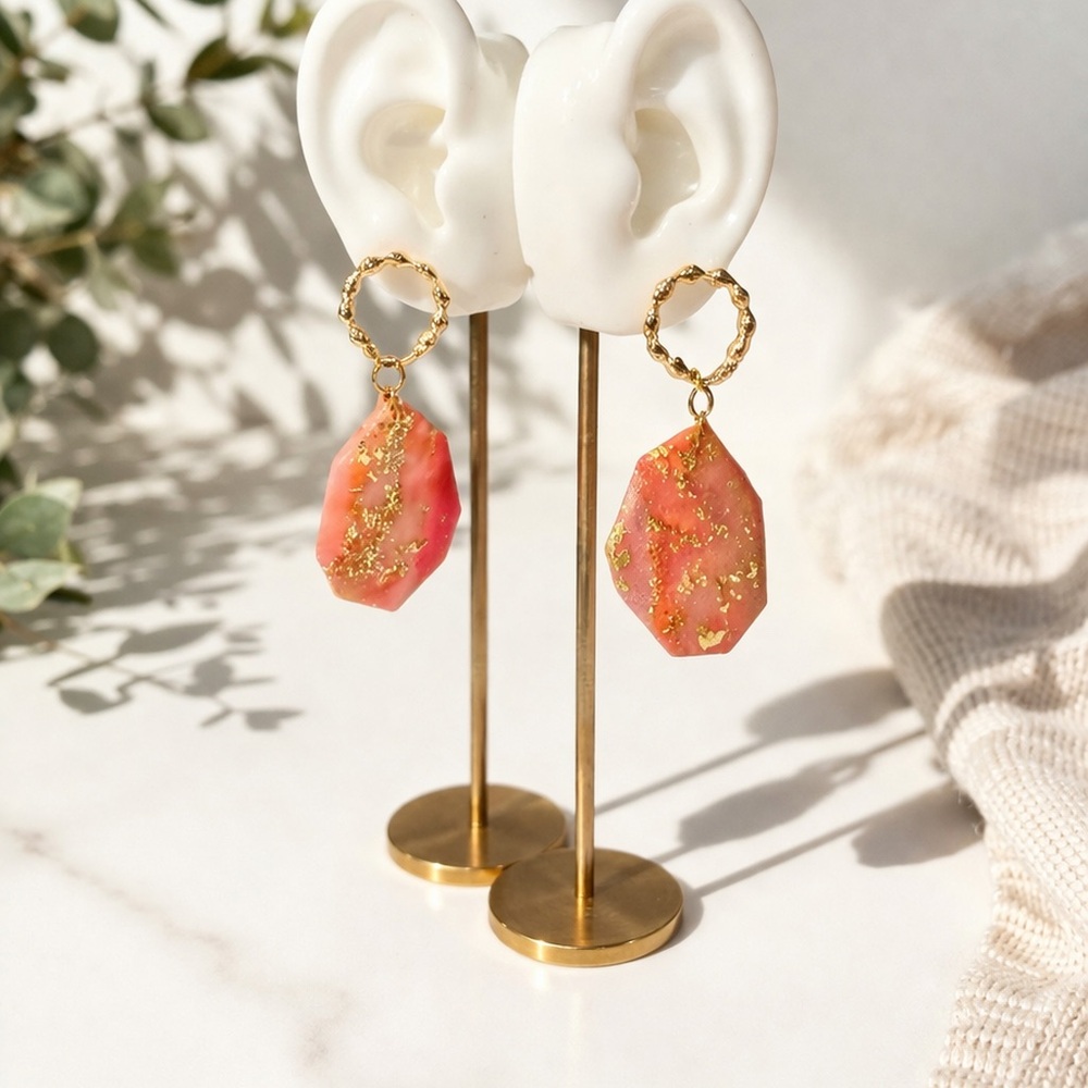 Coral Polymer Clay Gold Leaf Drop Earrings | 18K Gold Plated | Statement Dangles